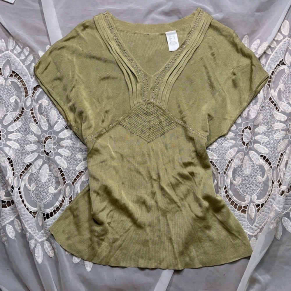 Y2K Fairy Babydoll Sage Green Silk Blend Beaded V-Neck Short Sleeve Knit Top L